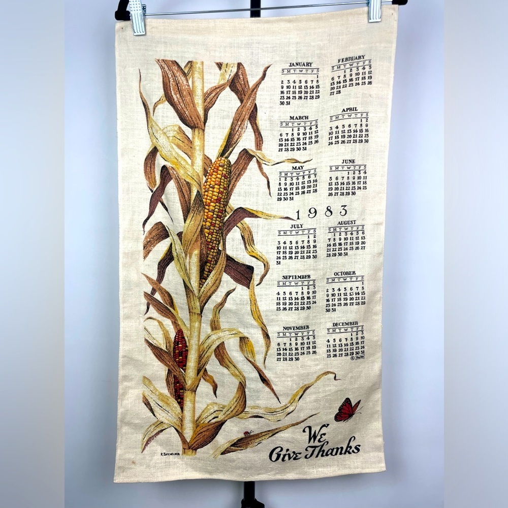 Vintage Kay Dee 1983 Batchelper Corn We Give Thanks Calendar Linen Kitchen Towel